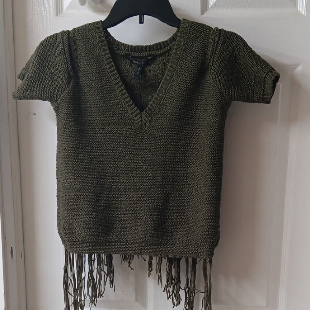 Women Olive Green Knit Fringe Top
